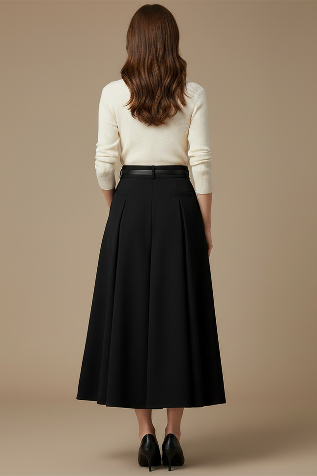 Pantalon Jupe Noir Plissé Long Évasé Élégant Ceinturé - Gabardine - vue 2