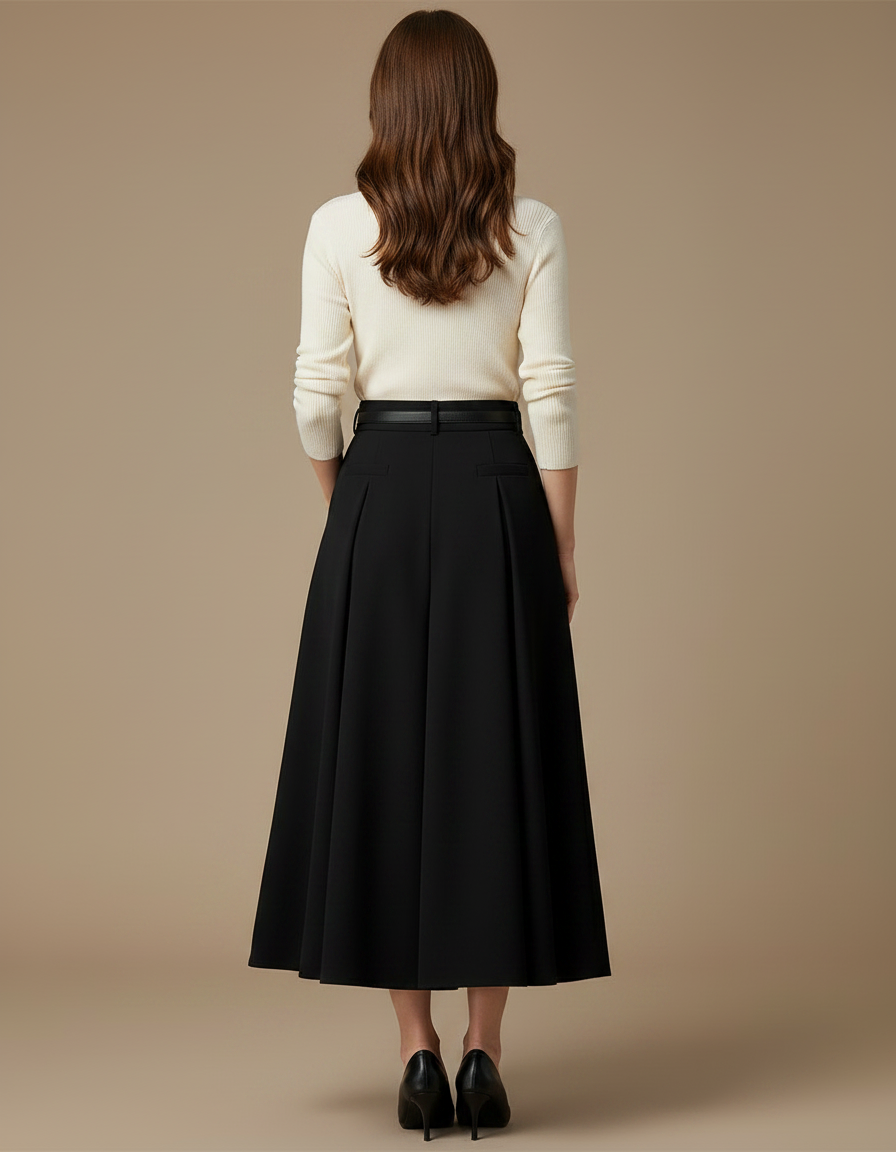 Pantalon Jupe Noir Plissé Long Évasé Élégant Ceinturé - Gabardine - vue 2