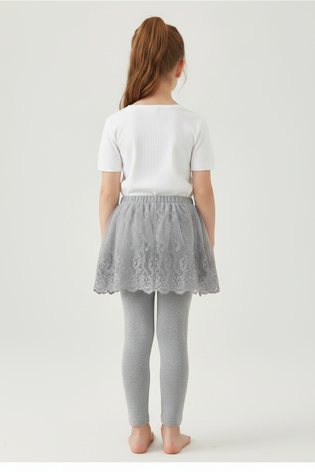Pantalon Jupe Gris Dentelle Tulle Intégrée Fille - Maille - vue 2