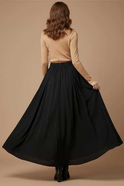 Pantalon Jupe Noir Fluide Ample Élégant Longue - Polyester - vue 2