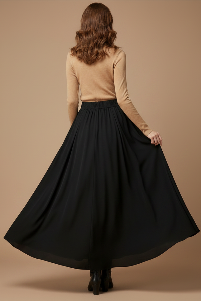 Pantalon Jupe Noir Fluide Ample Élégant Longue - Polyester - vue 2