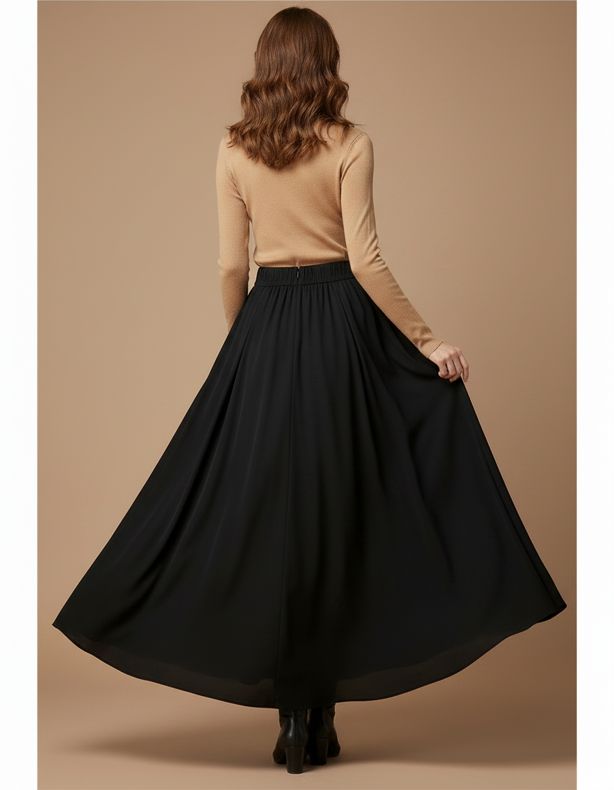 Pantalon Jupe Noir Fluide Ample Élégant Longue - Polyester - vue 2