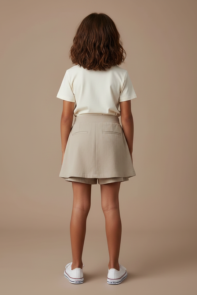 Pantalon Jupe Beige Plissé Nœuds Fille Élégant - Gabardine - vue 2