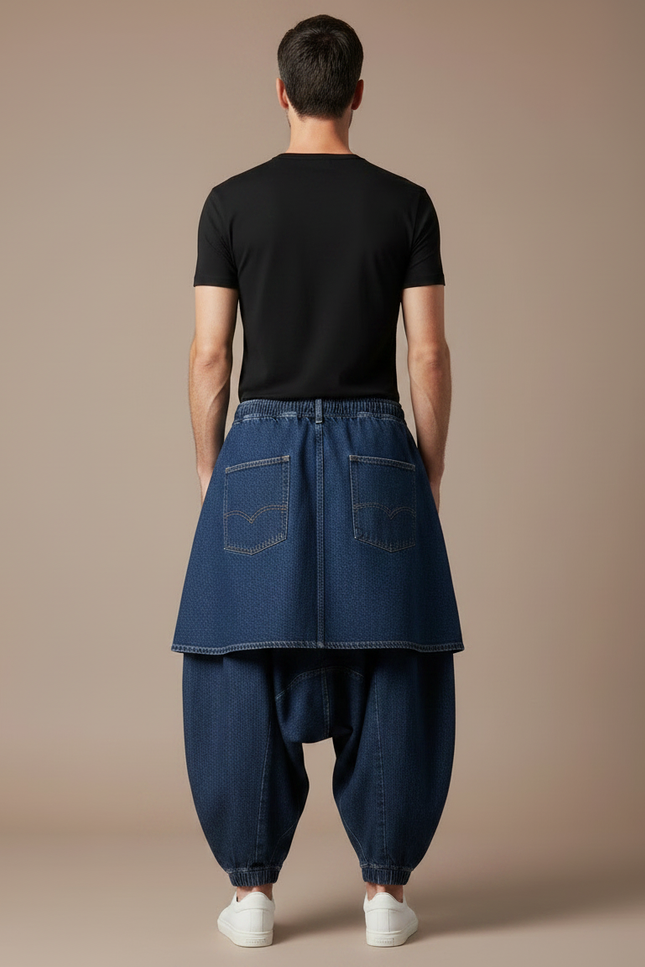 Pantalon Jupe Denim Bleu Ample Superposé Homme - Jean - vue 2
