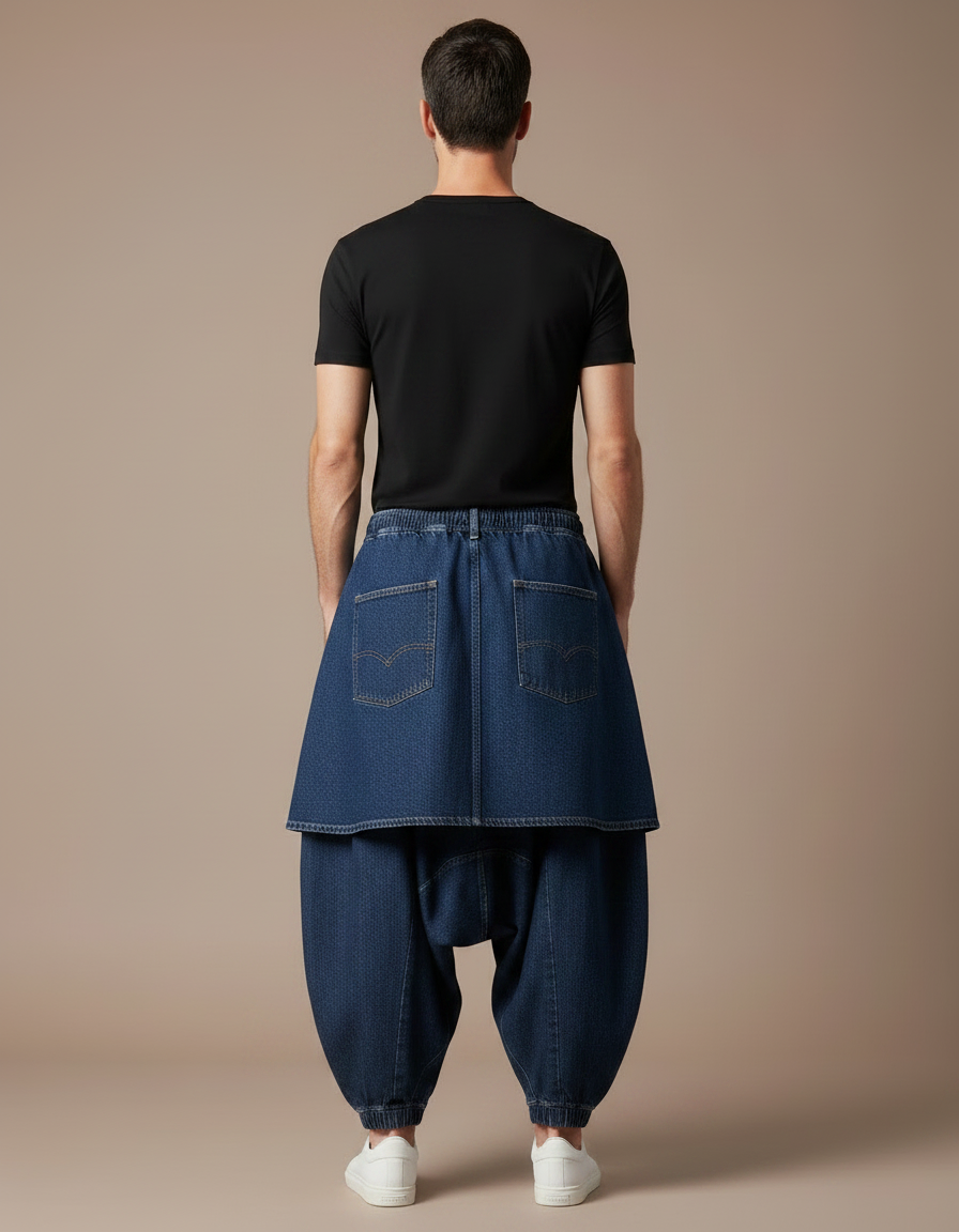 Pantalon Jupe Denim Bleu Ample Superposé Homme - Jean - vue 2