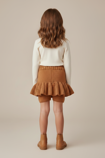 Pantalon Jupe Marron Tricoté Plissé Fille Vintage - Maille - vue 2