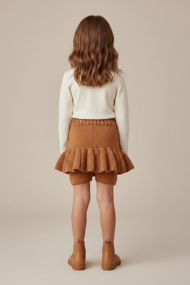 Pantalon Jupe Marron Tricoté Plissé Fille Vintage - Maille - vue 2