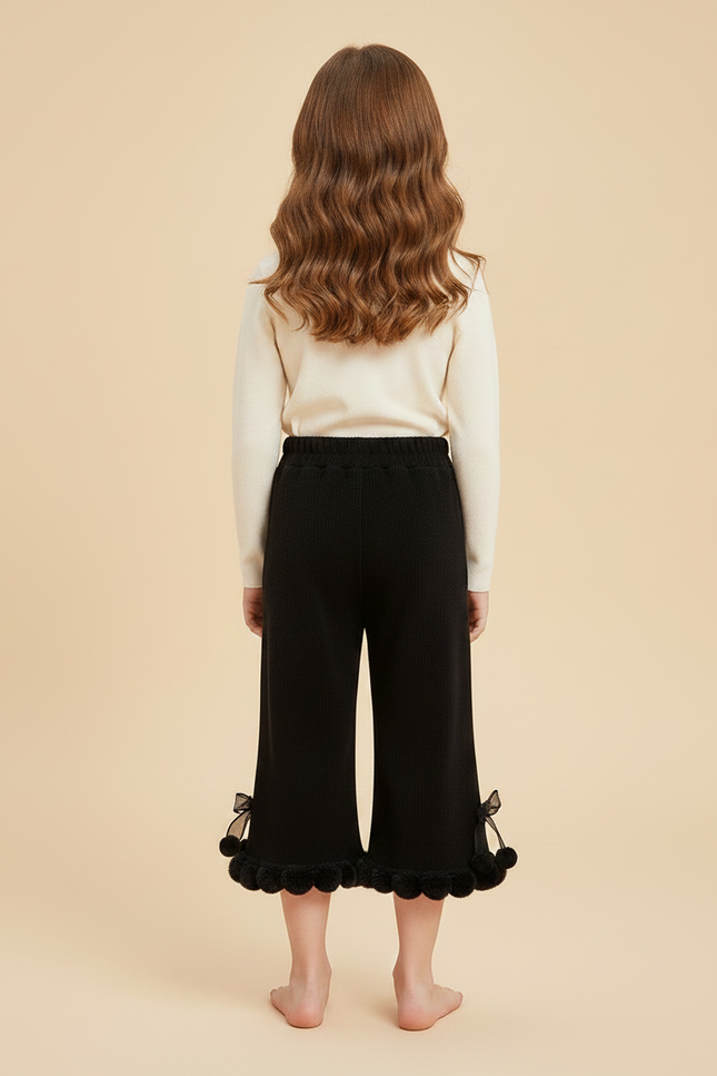 Pantalon Jupe Noir Côtelé Évasé Pompons Fille - Maille - vue 2