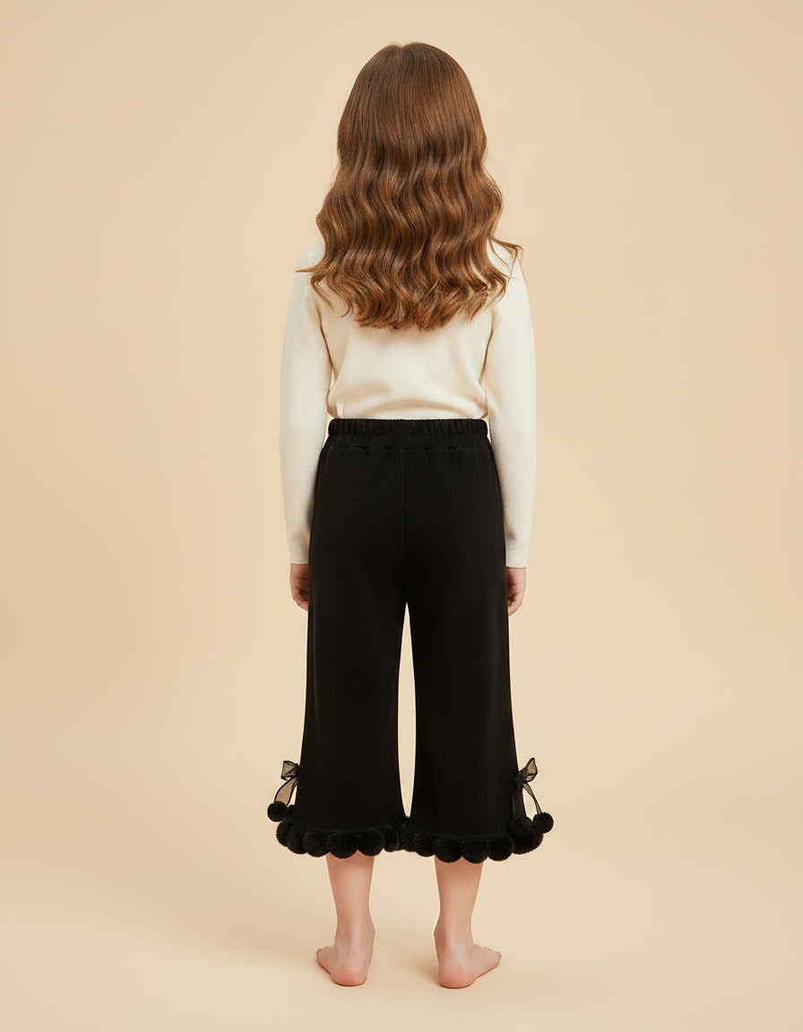 Pantalon Jupe Noir Côtelé Évasé Pompons Fille - Maille - vue 2