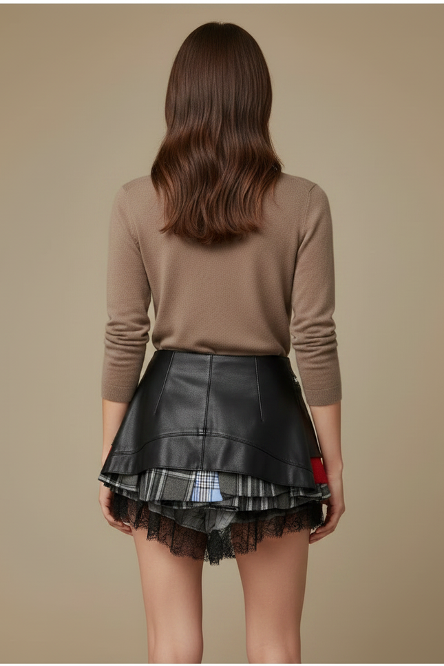 Pantalon Jupe Cuir Plaid Asymétrique Dentelle Zippée - Multicolore - vue 2