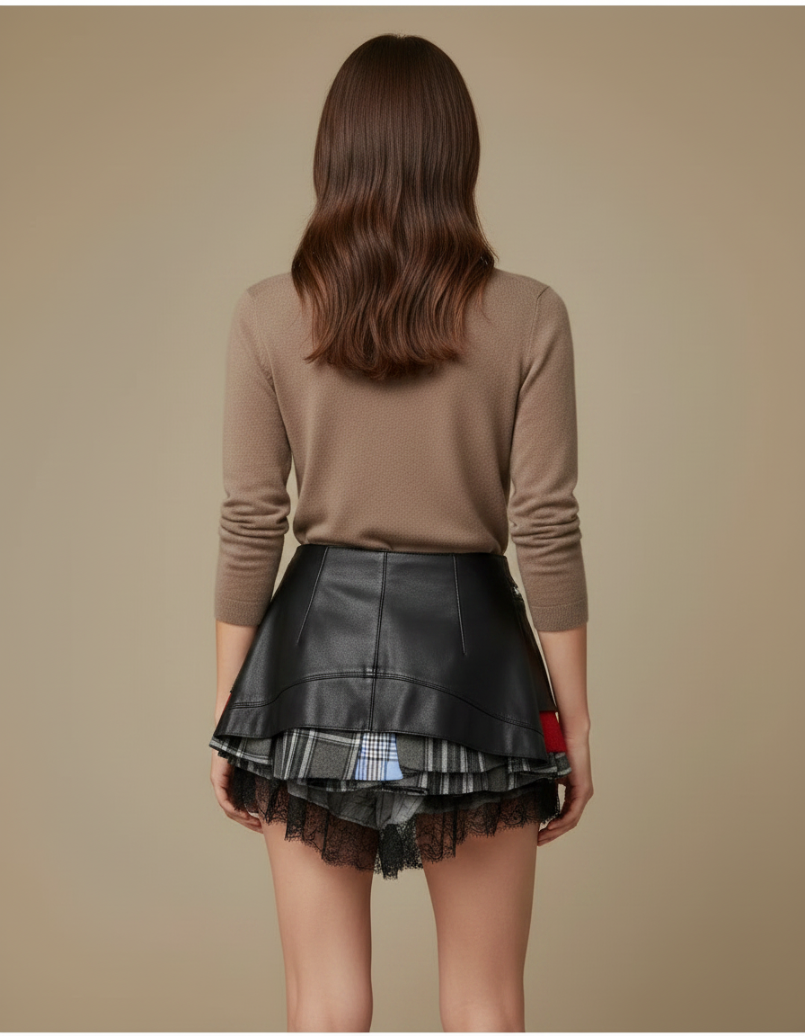 Pantalon Jupe Cuir Plaid Asymétrique Dentelle Zippée - Multicolore - vue 2