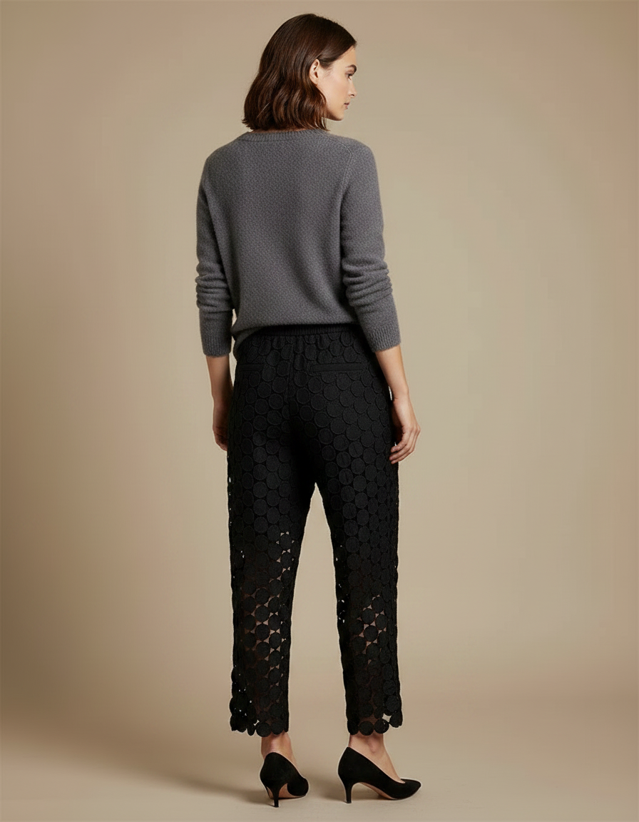 Pantalon Jupe Noir Dentelle Cercles Ample Élégant - Maille - vue 2