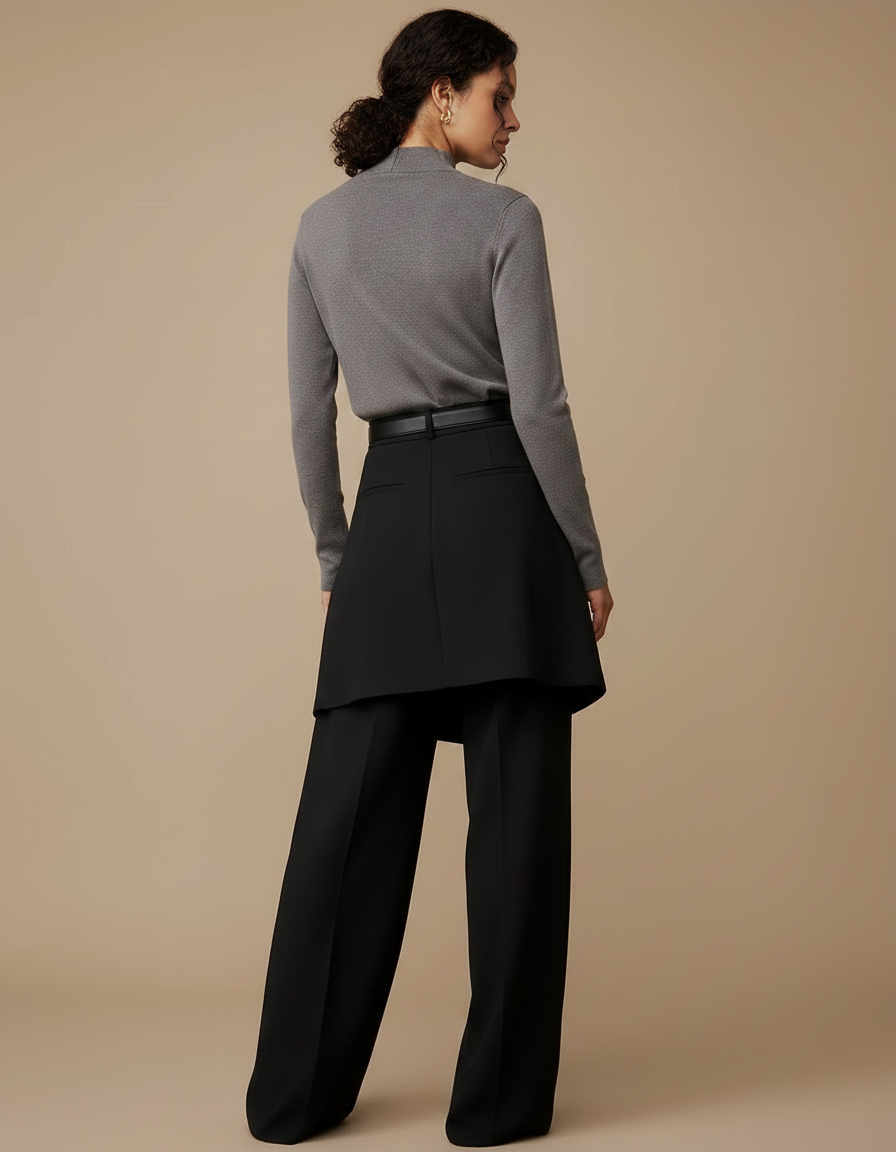 Pantalon Jupe Noir Ample Élégant Superposé Chic - Polyester - vue 2