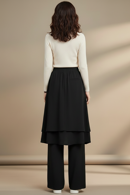 Pantalon Jupe Noir Fluide Superposé Ample Élégant - Polyester - vue 2
