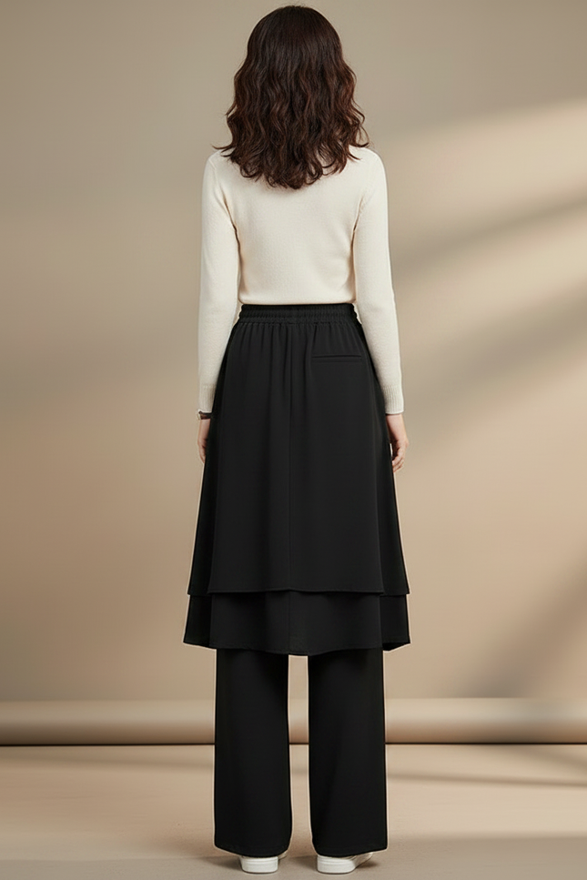 Pantalon Jupe Noir Fluide Superposé Ample Élégant - Polyester - vue 2