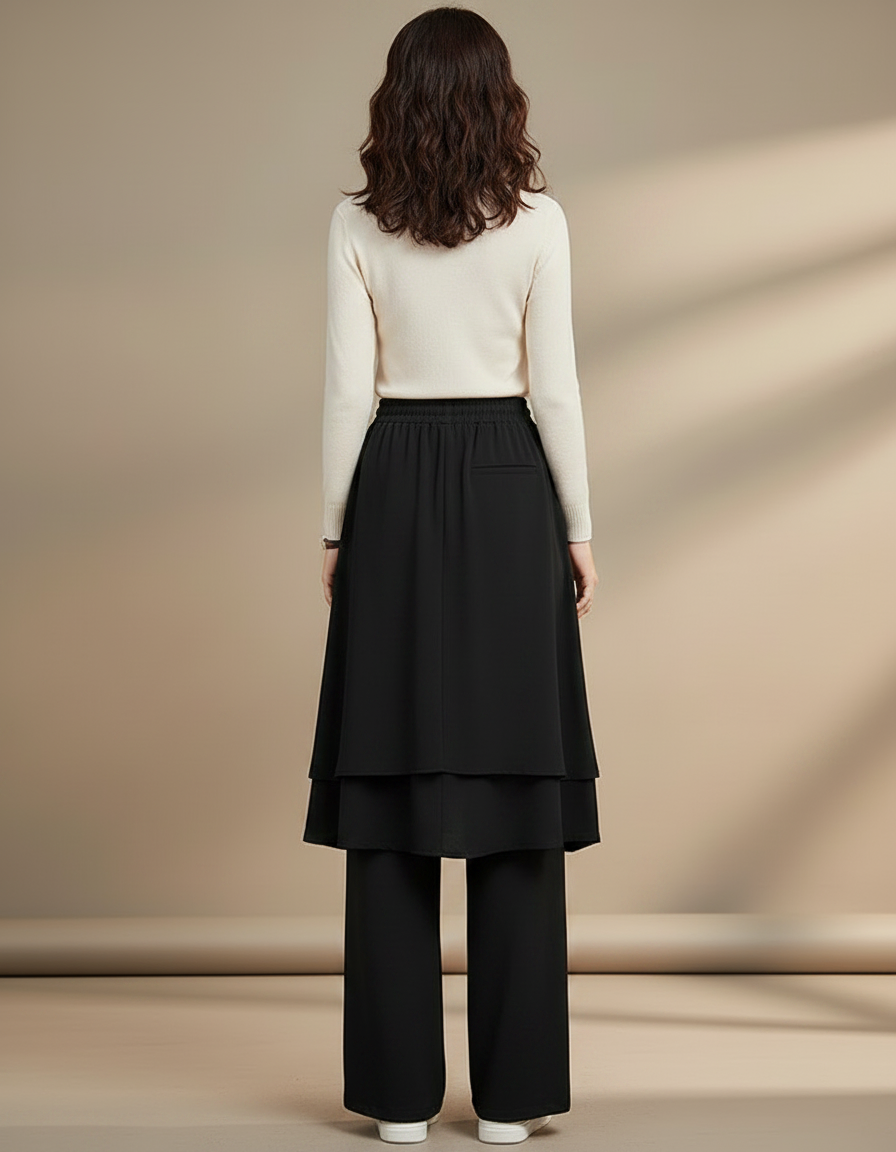 Pantalon Jupe Noir Fluide Superposé Ample Élégant - Polyester - vue 2