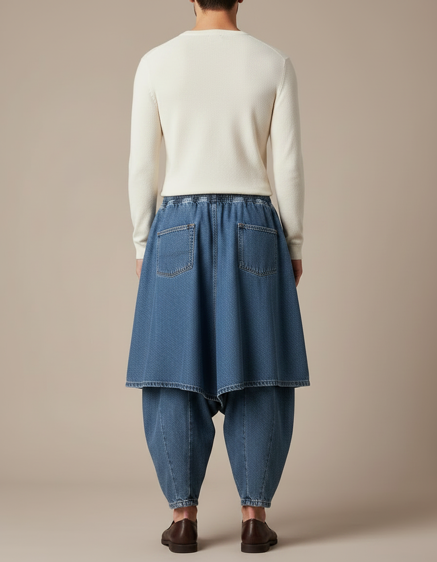 Pantalon Jupe Denim Ample Décontracté Homme - Bleu Jean - vue 2