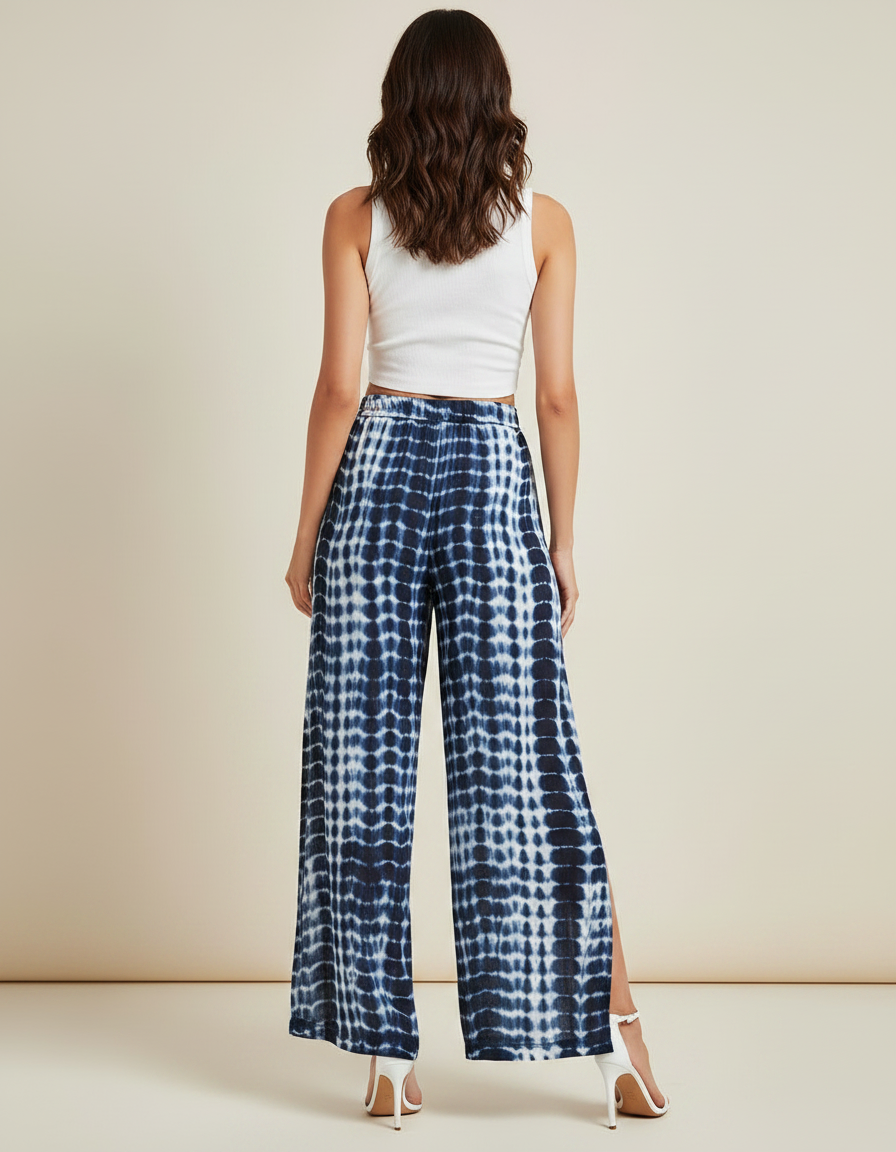 Pantalon Jupe Bleu Tie-dye Fendu Ample Bohème Fluide - Viscose - vue 2