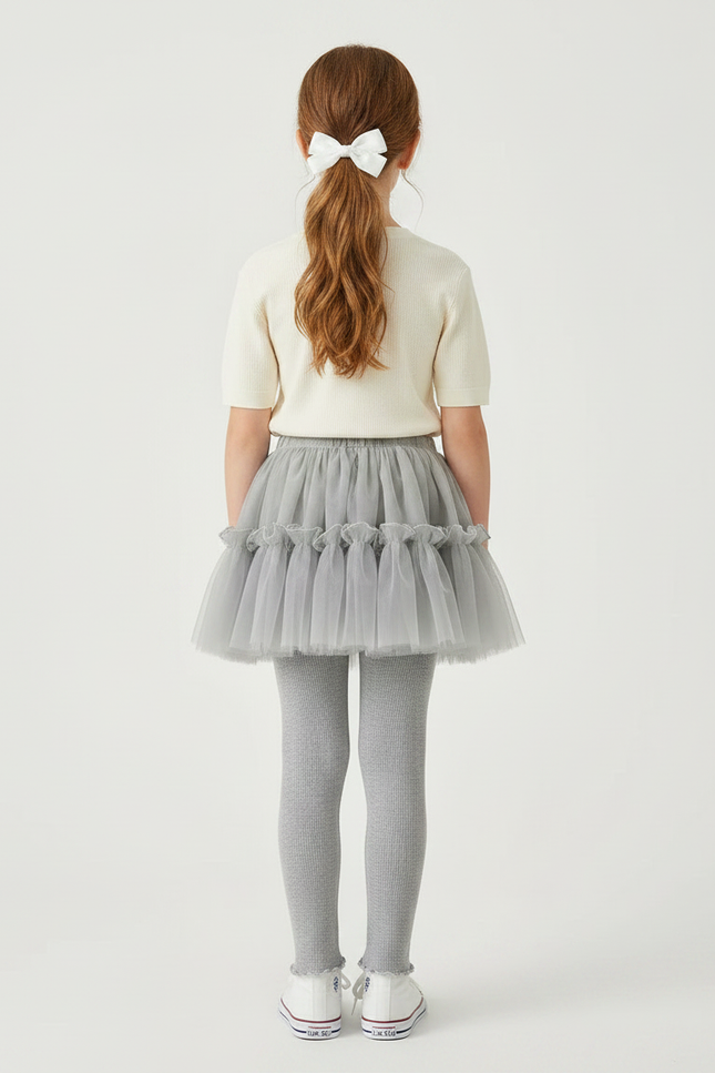 Pantalon Jupe Gris Tulle Plissé Intégré Confortable - Maille - vue 2