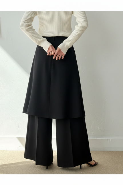 Pantalon Jupe Noir Plissé Fluide Élégant Ample - Polyester - vue 2