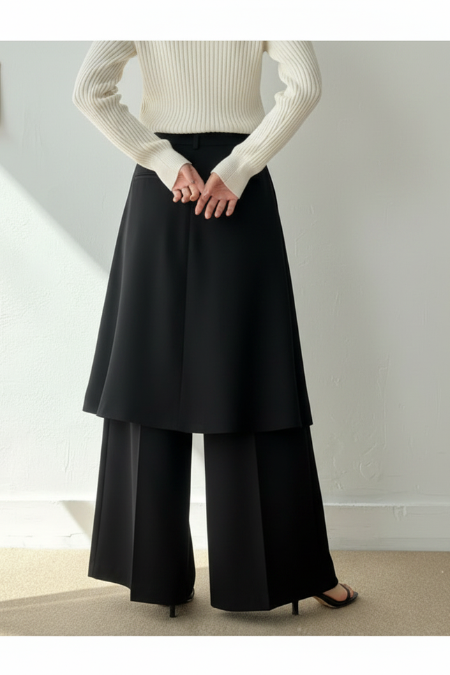 Pantalon Jupe Noir Plissé Fluide Élégant Ample - Polyester - vue 2