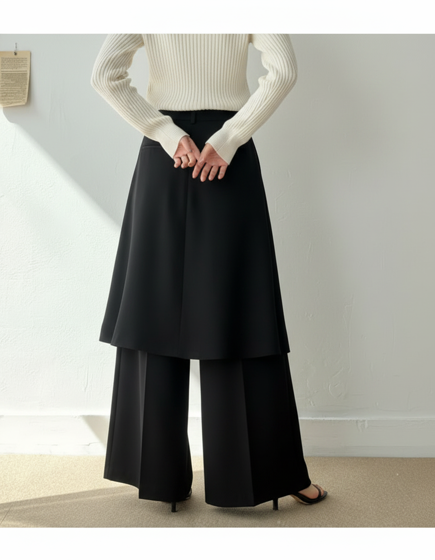 Pantalon Jupe Noir Plissé Fluide Élégant Ample - Polyester - vue 2