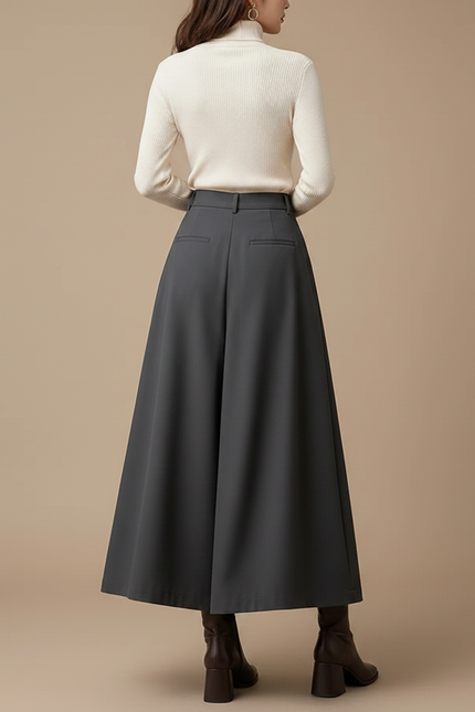 Pantalon Jupe Gris Plissé Ample Taille Haute Élégant - Polyester - vue 2