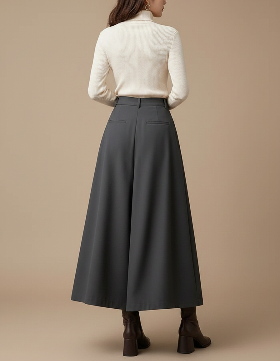 Pantalon Jupe Gris Plissé Ample Taille Haute Élégant - Polyester - vue 2