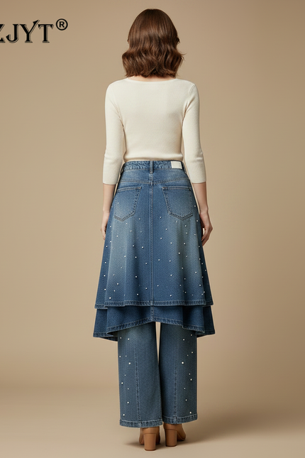 Pantalon Jupe Jean Bleu Perles Superposé Ample - vue 2