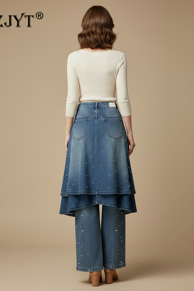 Pantalon Jupe Jean Bleu Perles Superposé Ample - vue 2
