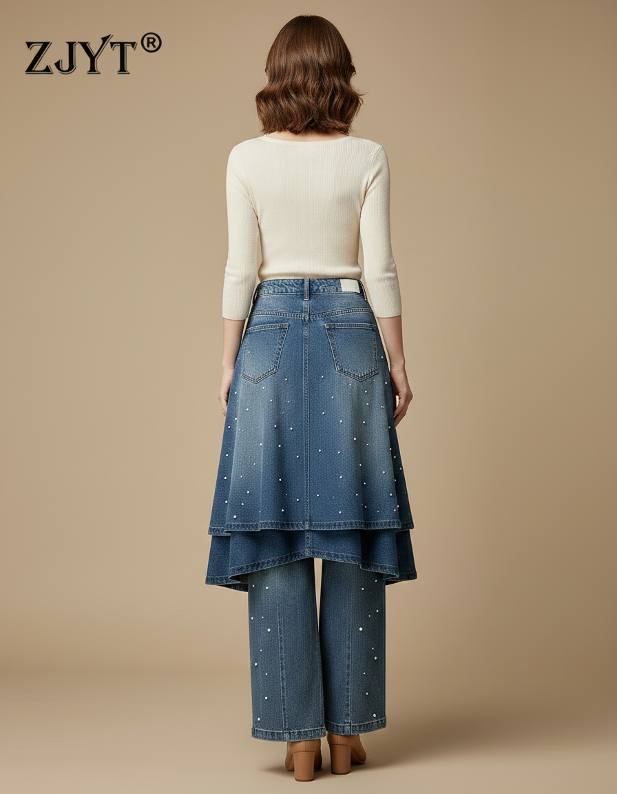 Pantalon Jupe Jean Bleu Perles Superposé Ample - vue 2
