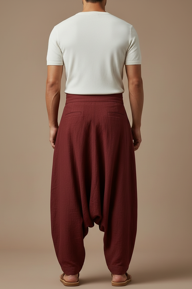 Pantalon Jupe Homme Lin Ample Rouge Ethnique Plissé - Bordeaux - vue 2
