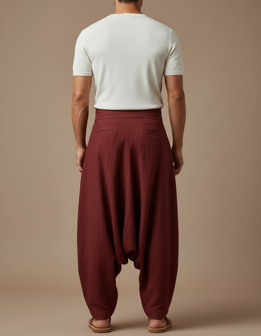 Pantalon Jupe Homme Lin Ample Rouge Ethnique Plissé - Bordeaux - vue 2