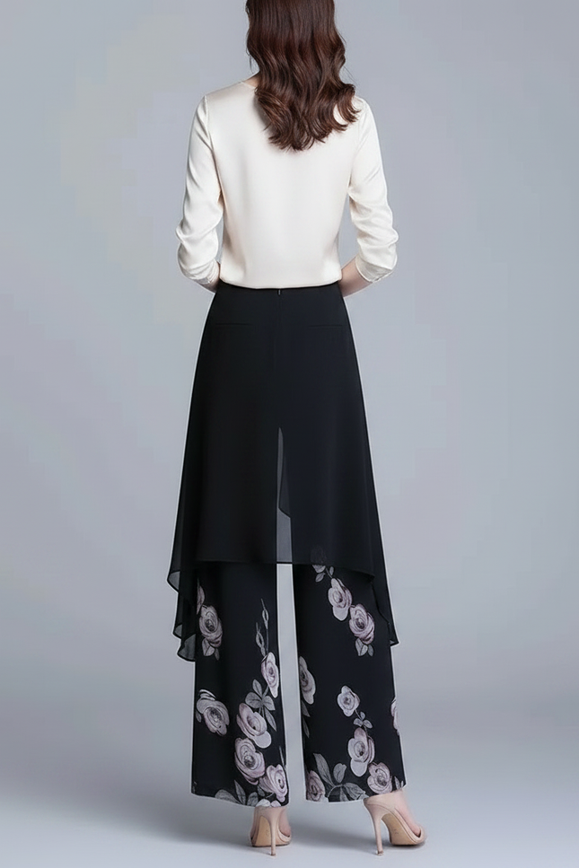 Pantalon Jupe Noir Fleurs Chiffon Ample Élégant - Polyester - vue 2