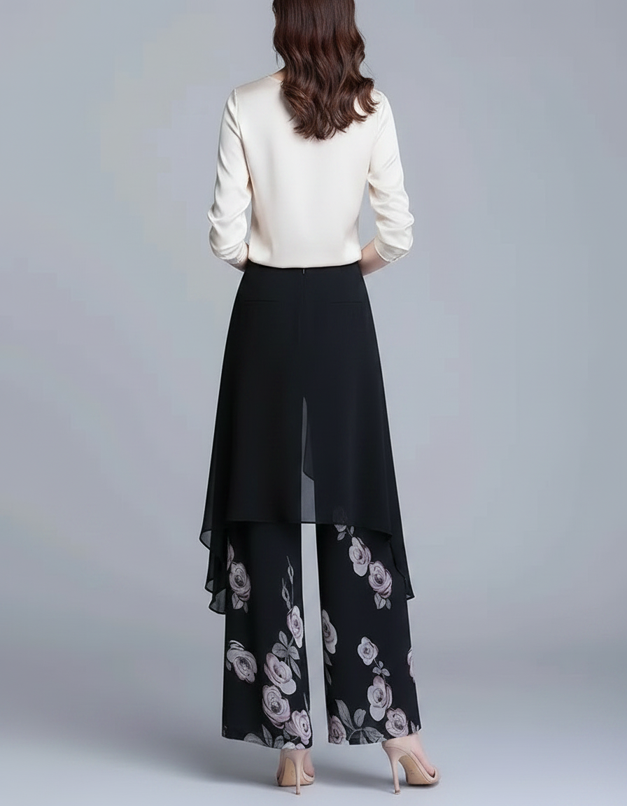 Pantalon Jupe Noir Fleurs Chiffon Ample Élégant - Polyester - vue 2