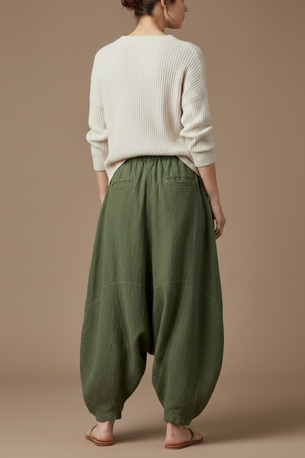 Pantalon Jupe Vert Militaire Lin Ample Décontracté - Kaki - vue 2