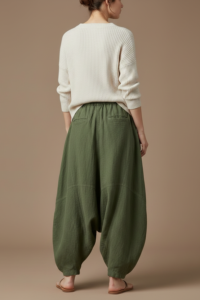 Pantalon Jupe Vert Militaire Lin Ample Décontracté - Kaki - vue 2