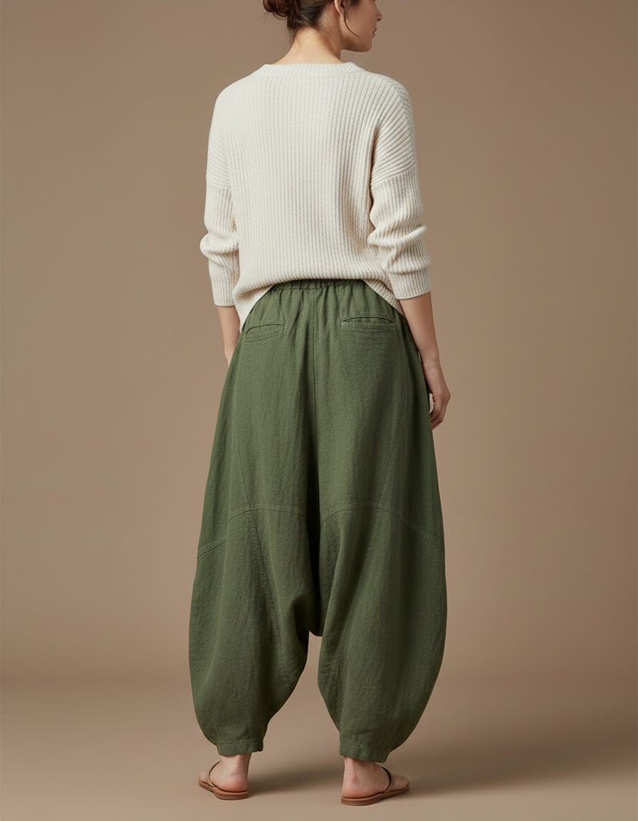 Pantalon Jupe Vert Militaire Lin Ample Décontracté - Kaki - vue 2