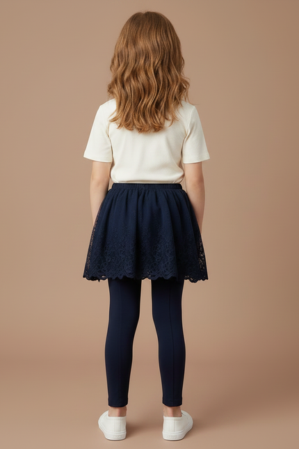 Pantalon Jupe Marine Dentelle Superposée Coton Confortable Fille - vue 2