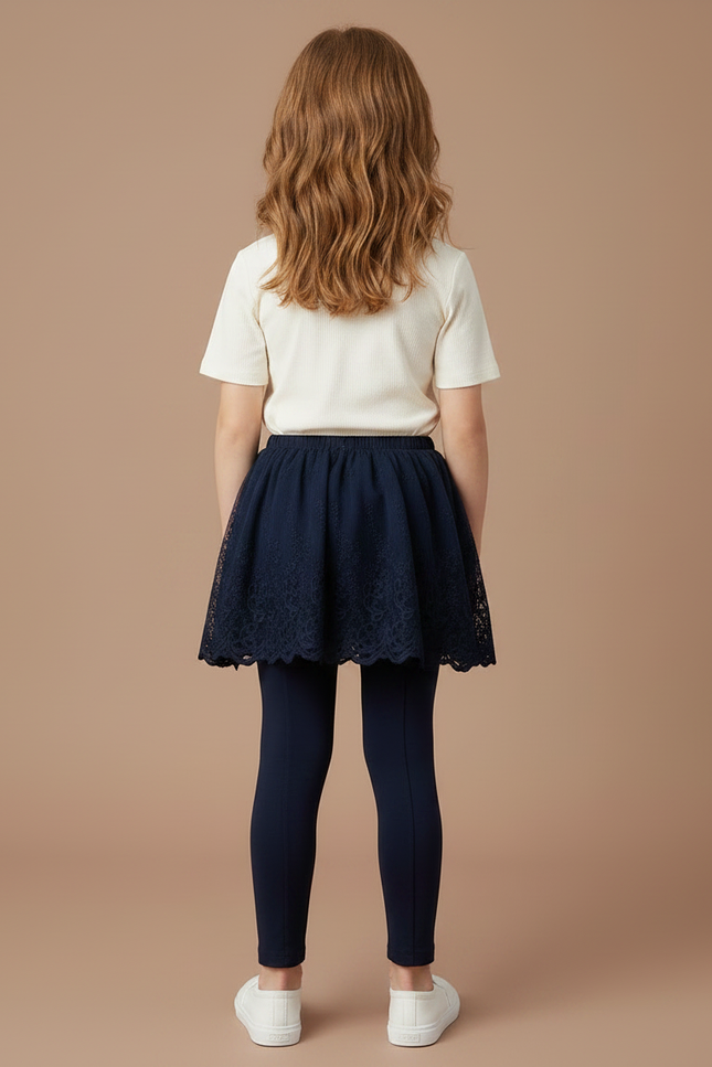 Pantalon Jupe Marine Dentelle Superposée Coton Confortable Fille - vue 2