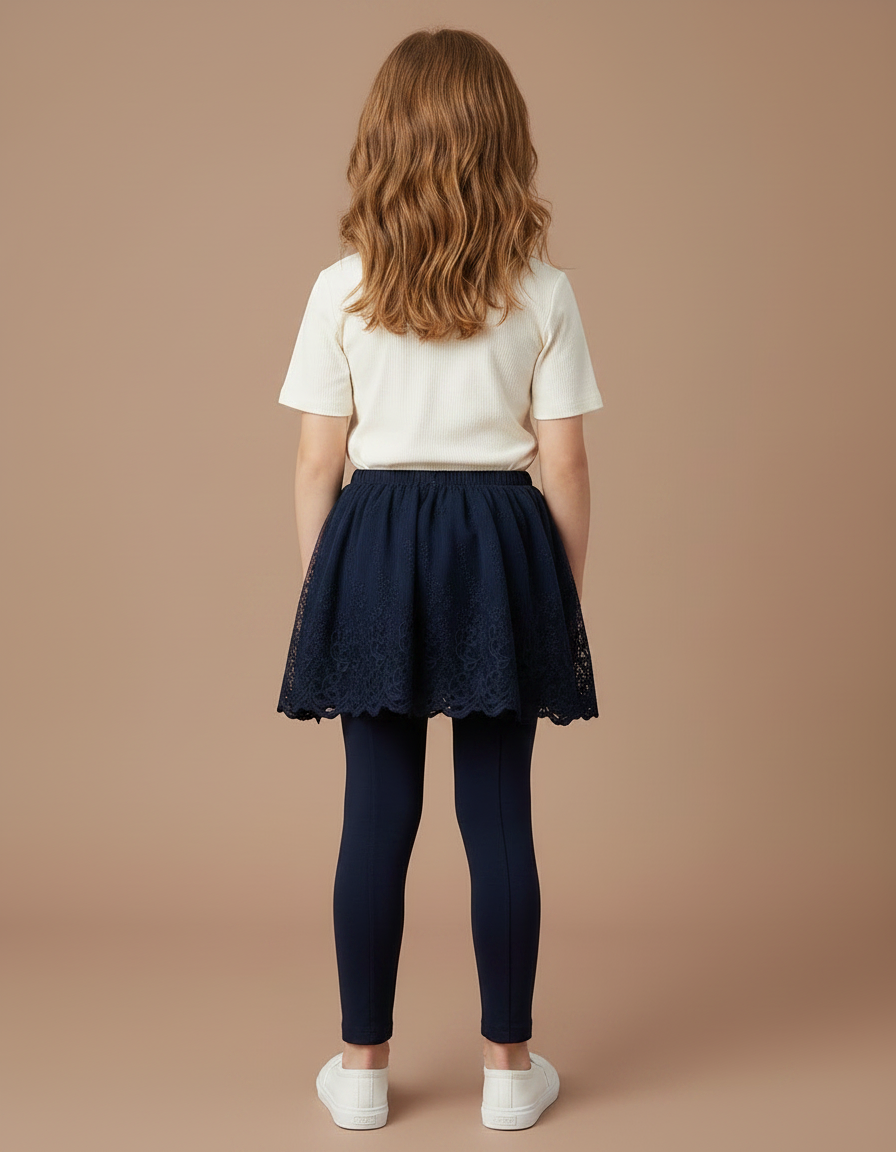 Pantalon Jupe Marine Dentelle Superposée Coton Confortable Fille - vue 2