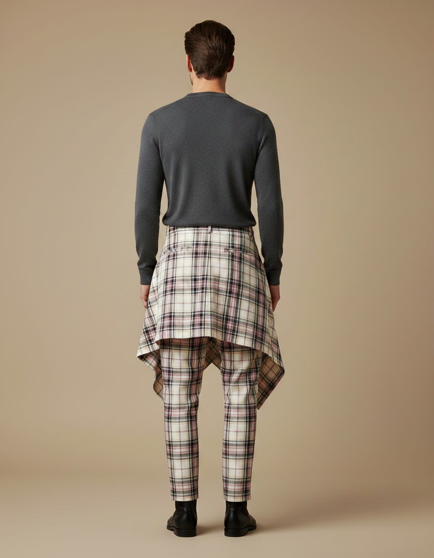 Pantalon Jupe Écossais Asymétrique Plaid Homme Femme - Multicolore Coton - vue 2