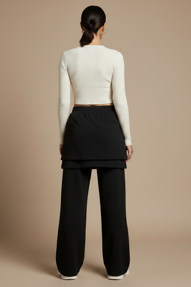 Pantalon Jupe Noir Ample Superposé Décontracté - Molleton - vue 2