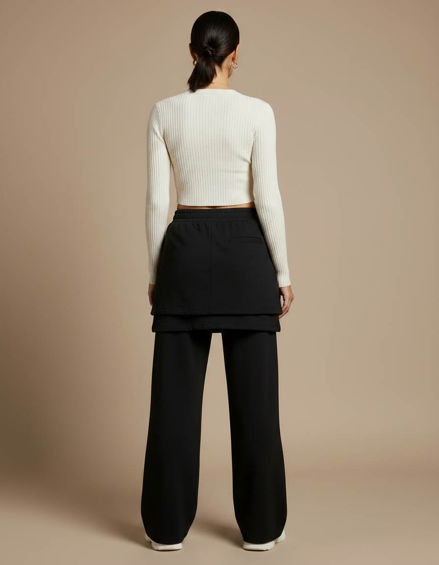 Pantalon Jupe Noir Ample Superposé Décontracté - Molleton - vue 2