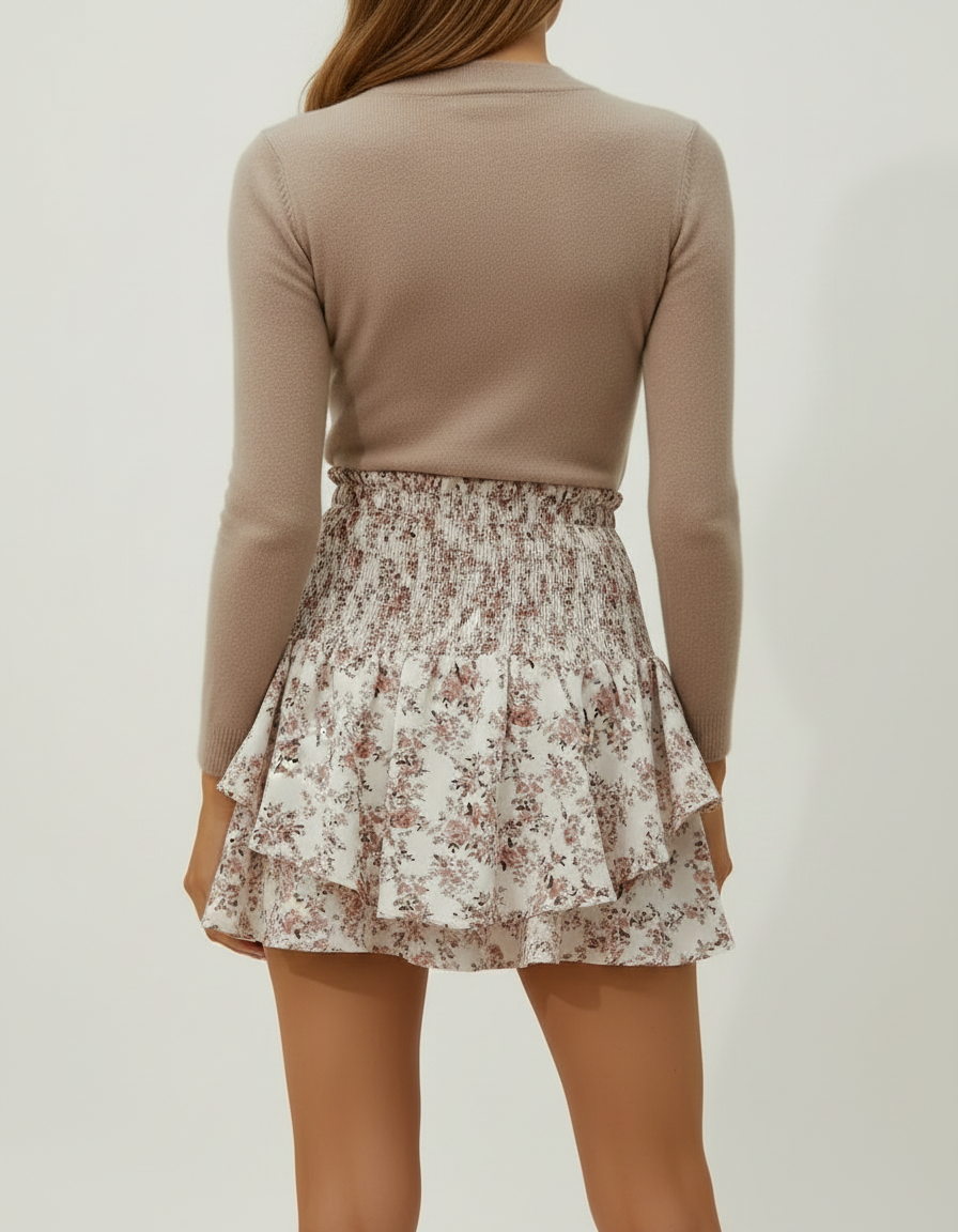Pantalon Jupe Floral Smocké Volanté Blanc Décontracté - Viscose - vue 2