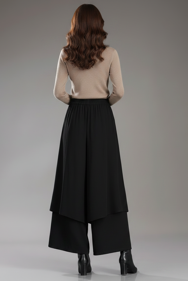 Pantalon Jupe Noir Brodé Ample Asymétrique Élégant - Polyester - vue 2