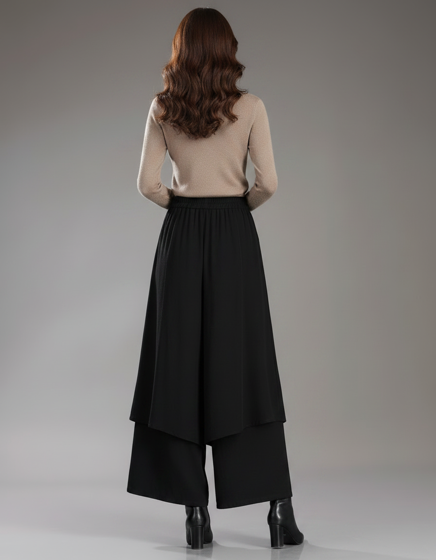 Pantalon Jupe Noir Brodé Ample Asymétrique Élégant - Polyester - vue 2