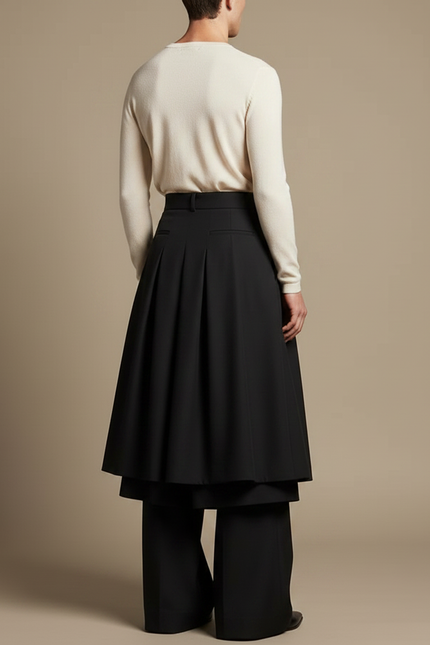 Pantalon Jupe Noir Plissé Ample Superposé Élegant - Gabardine - vue 2