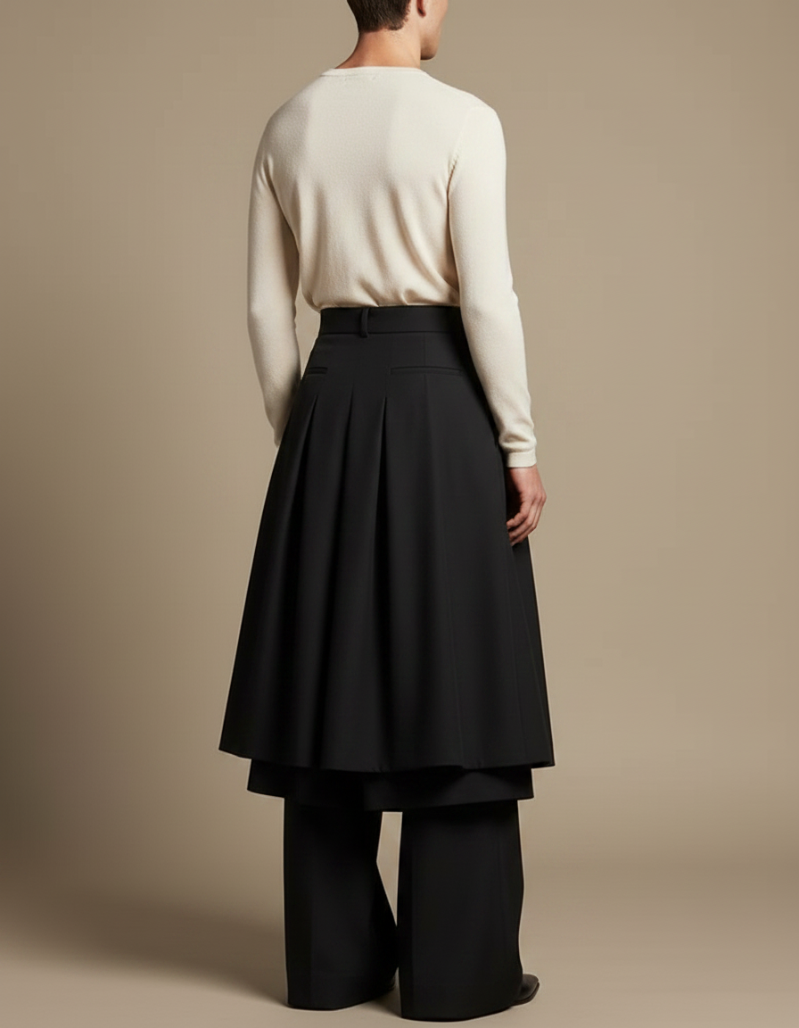 Pantalon Jupe Noir Plissé Ample Superposé Élegant - Gabardine - vue 2