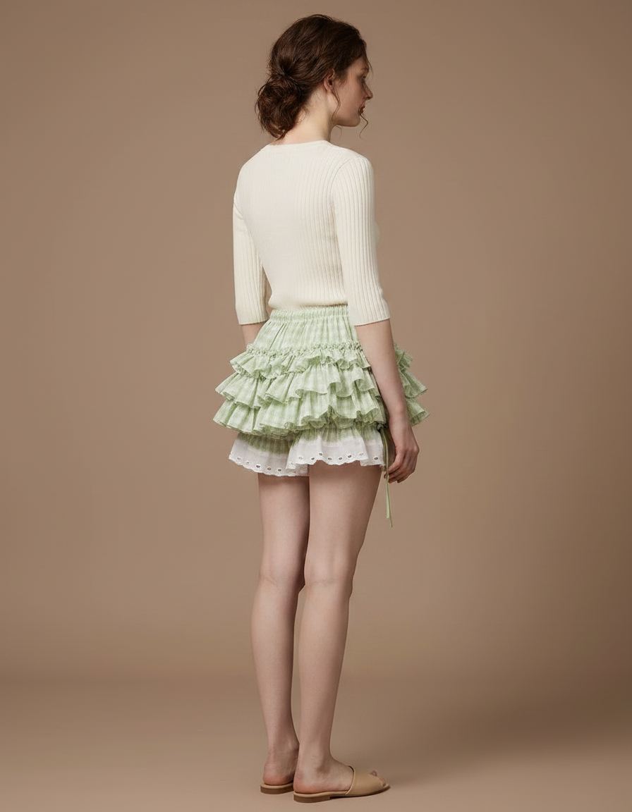 Pantalon Jupe Vert Plaid Volants Kawaii Esthétique - Coton - vue 2
